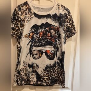 Graphic Leopard Print Horror Tee - White, Black & Brown